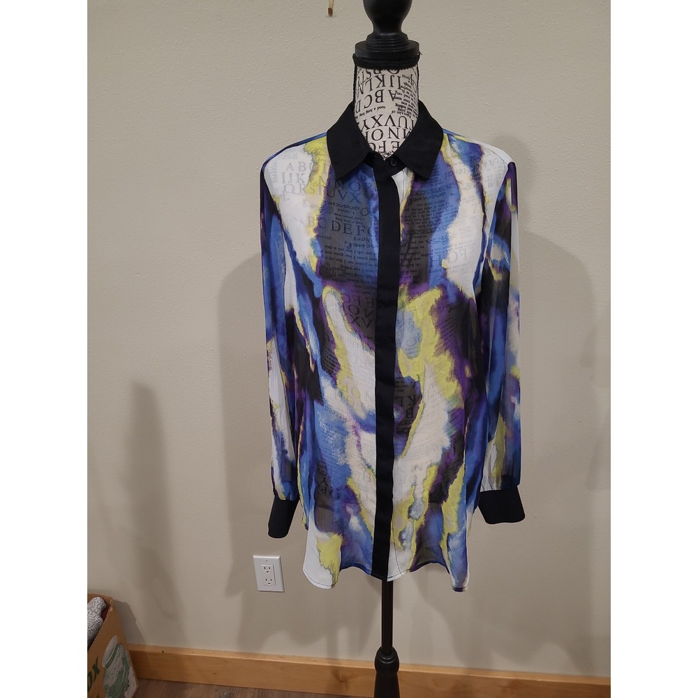 DKNY sheer Tunic layer Top blue lime purple abstract w/blk trim WOMEN SZ S artsy